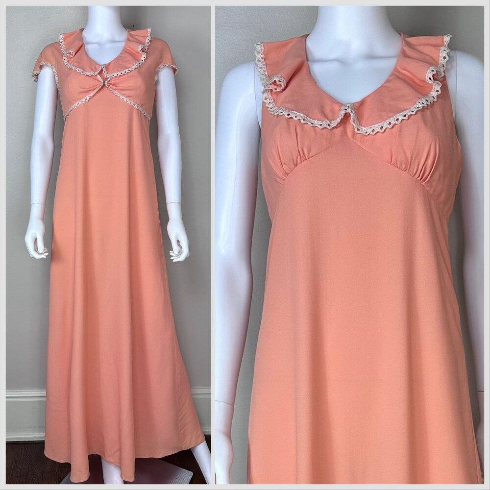 Vintage 1970s Pastel Orange Sleeveless Maxi Dress with Matching Bolero, Size XS